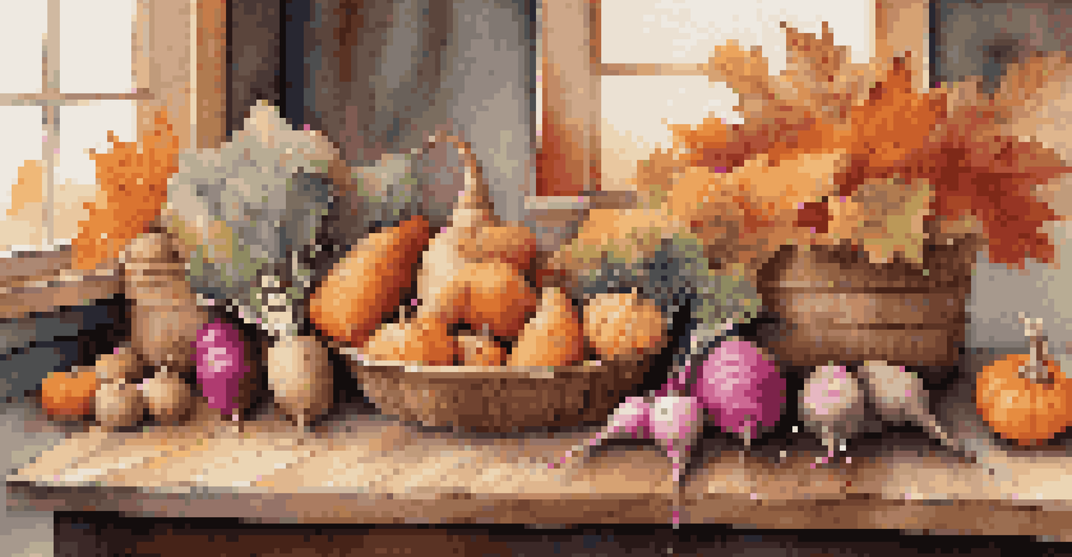 A rustic wooden table in New England filled with autumn root vegetables and pumpkins, surrounded by colorful fall leaves in warm lighting.