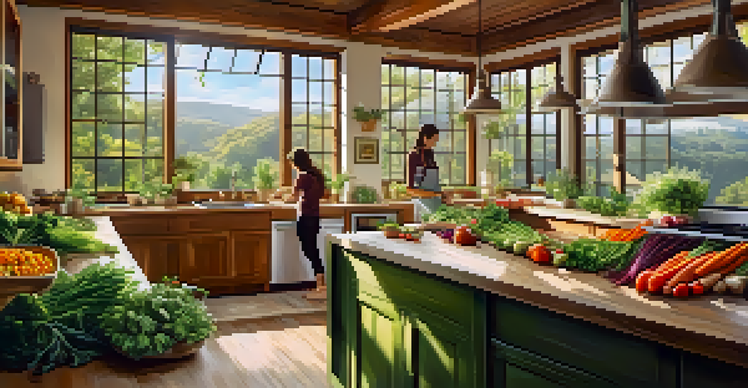A person cooking in a bright kitchen filled with fresh vegetables and herbs, with natural light coming through the windows.