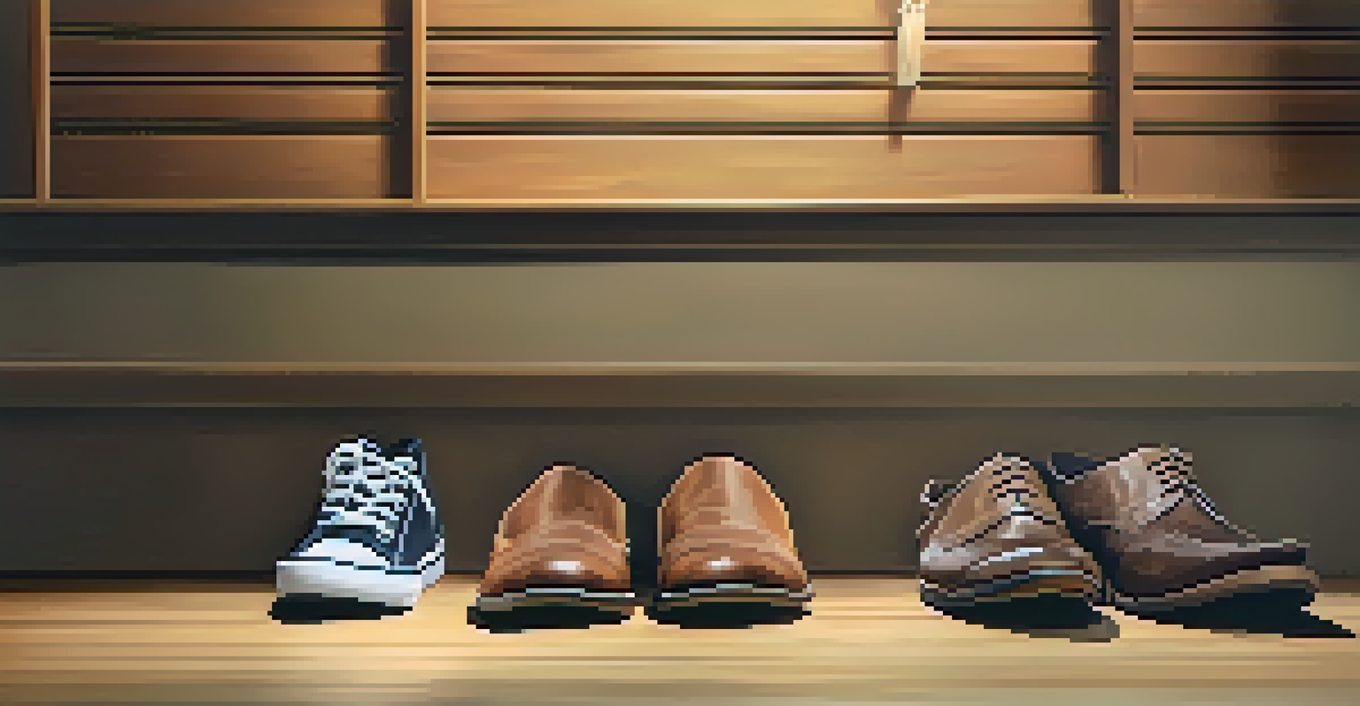 Three pairs of versatile footwear on a wooden floor, showcasing comfortable walking shoes, dressy shoes, and casual sandals, under soft lighting.