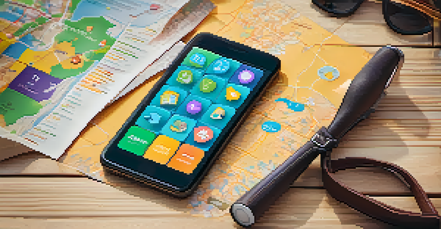 A smartphone with a travel app interface on a wooden table with travel essentials.