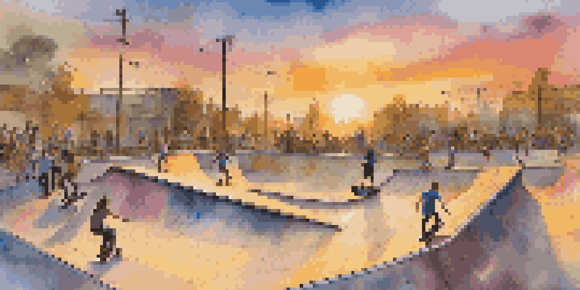 A lively skate park with teens performing tricks on skateboards under a sunset.