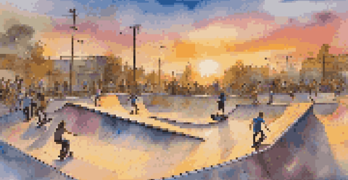 A lively skate park with teens performing tricks on skateboards under a sunset.