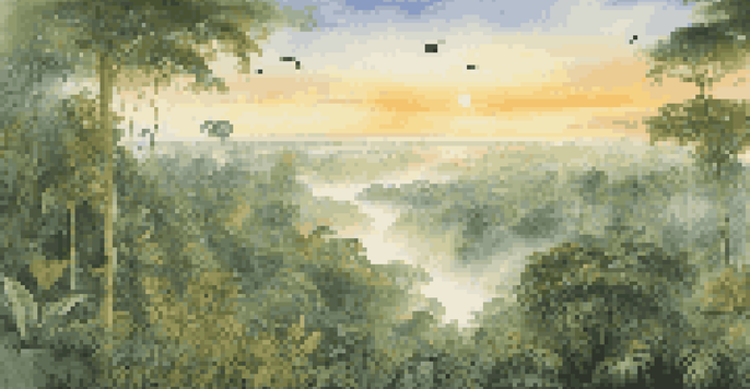 A panoramic view of the Amazon Rainforest at sunrise with lush green foliage and birds flying in the sky.