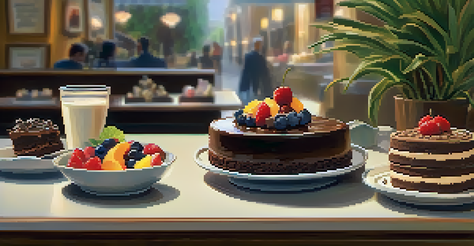 A cozy café with a selection of gluten-free desserts, including chocolate cake and fruit tarts, in warm lighting.