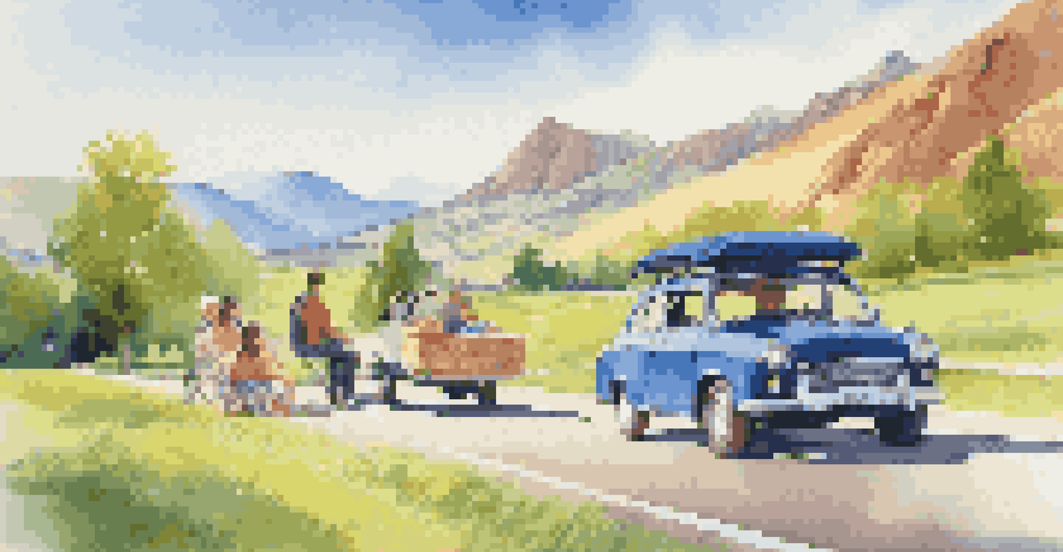A family enjoying a scenic road trip in the countryside, with their car parked and picnic supplies laid out, surrounded by mountains and green fields under a bright blue sky.