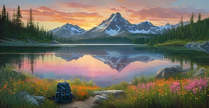 A beautiful sunrise over a mountain landscape with a lake, a hiking backpack, and colorful wildflowers in the foreground.