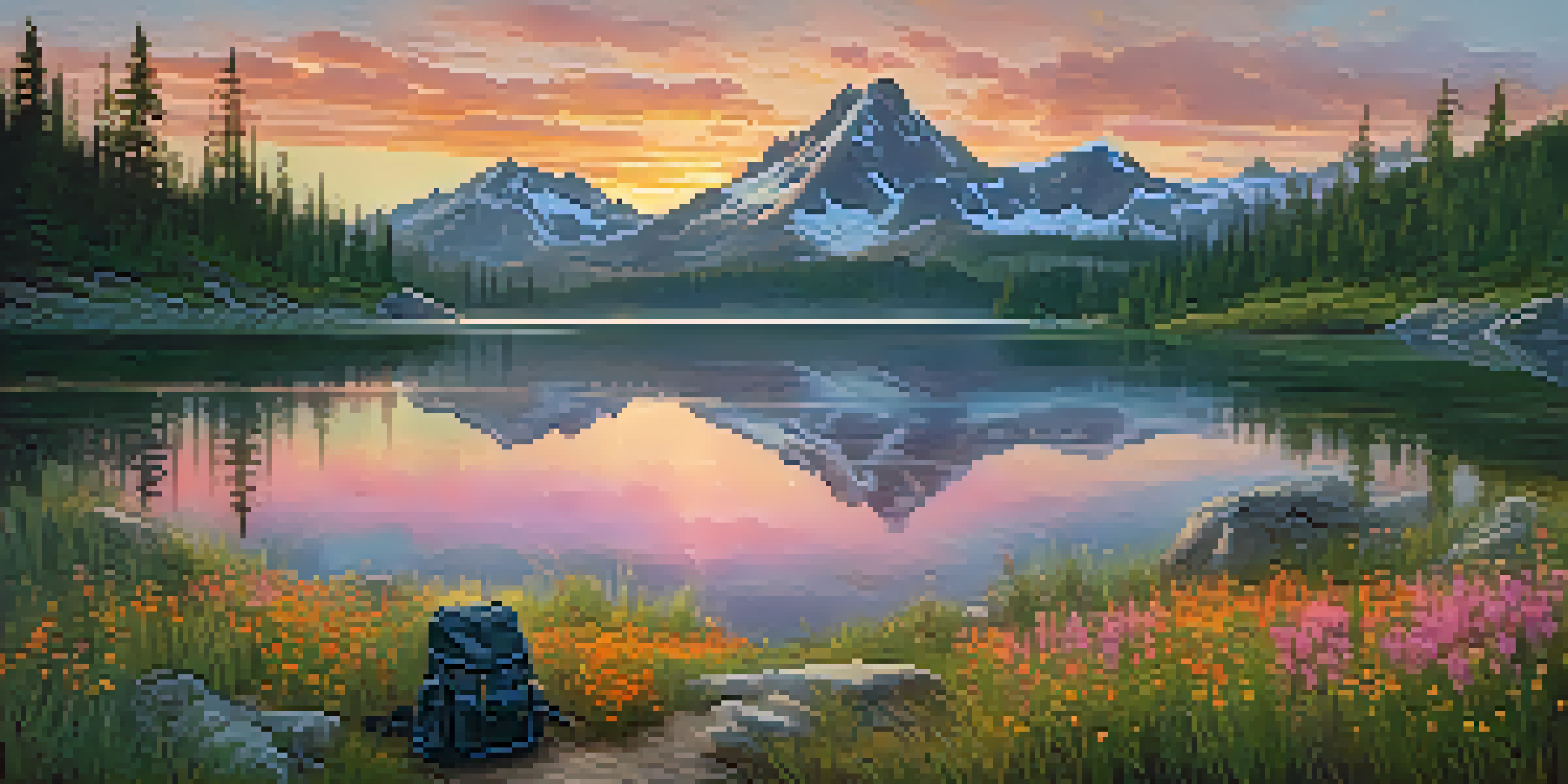 A beautiful sunrise over a mountain landscape with a lake, a hiking backpack, and colorful wildflowers in the foreground.