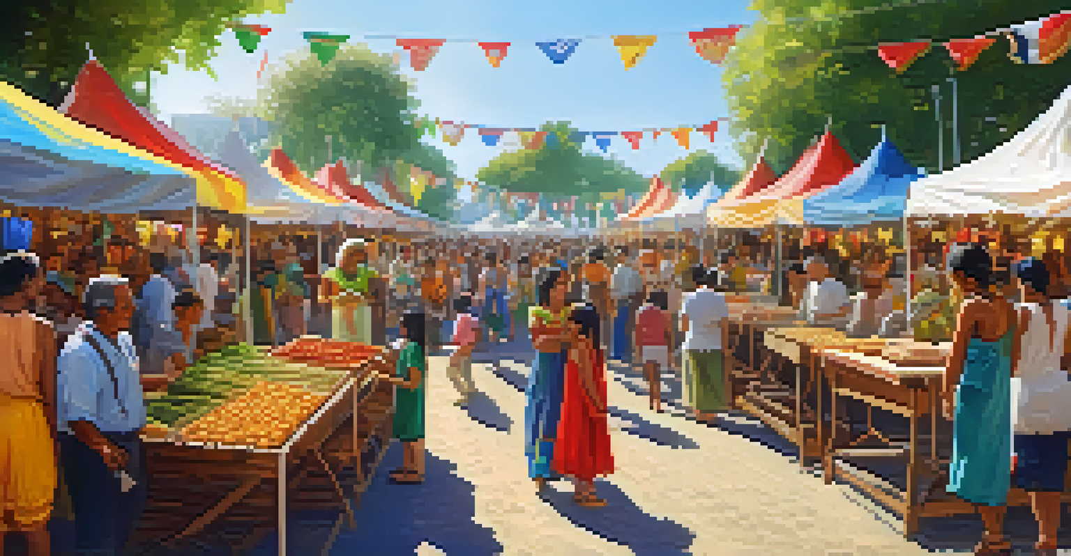 A lively outdoor festival with cultural stalls, people interacting, trying foods, and enjoying performances in a colorful and vibrant setting.