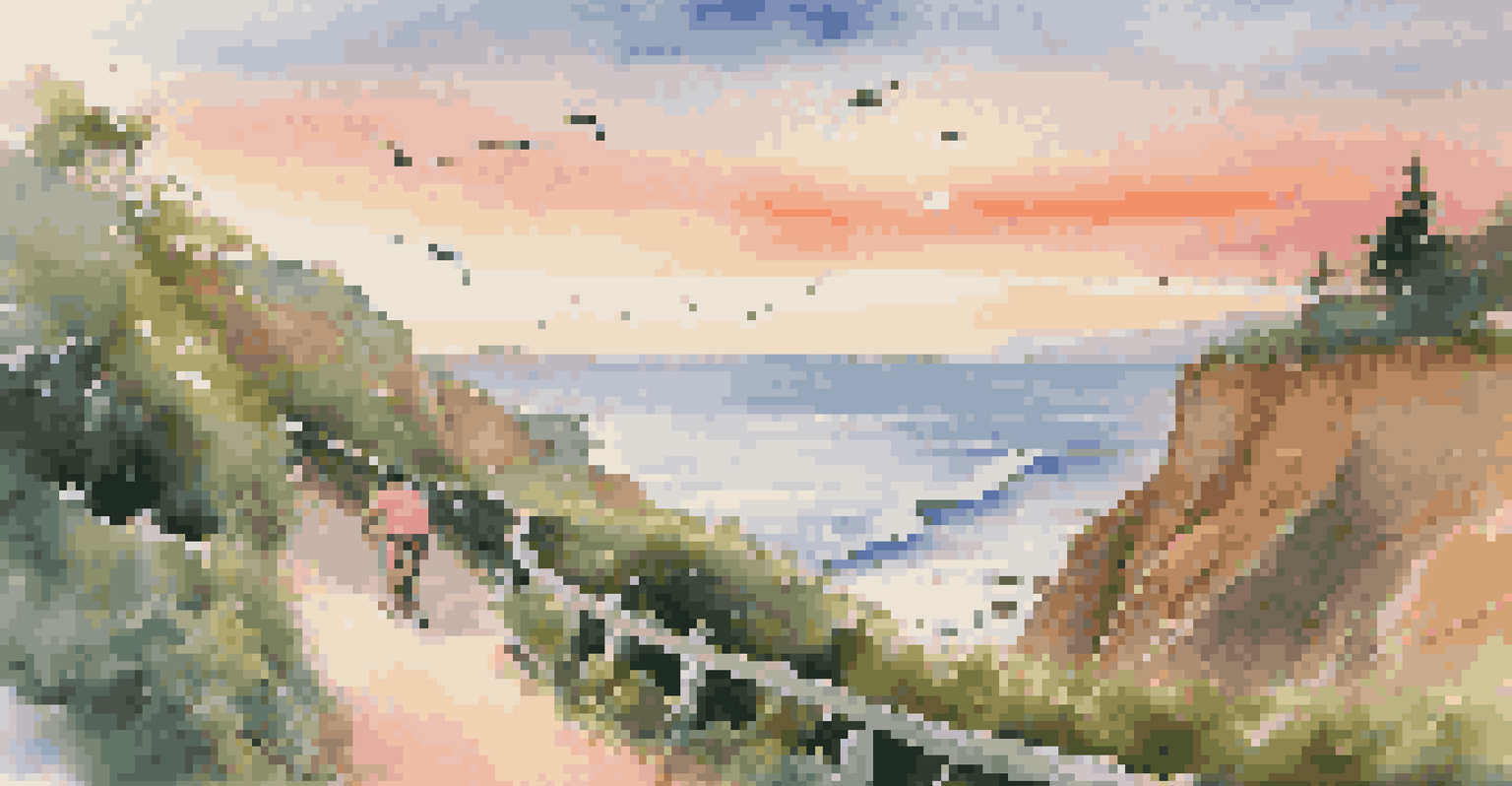A cyclist riding along a coastal path at sunset, with the ocean and lush greenery in the background.