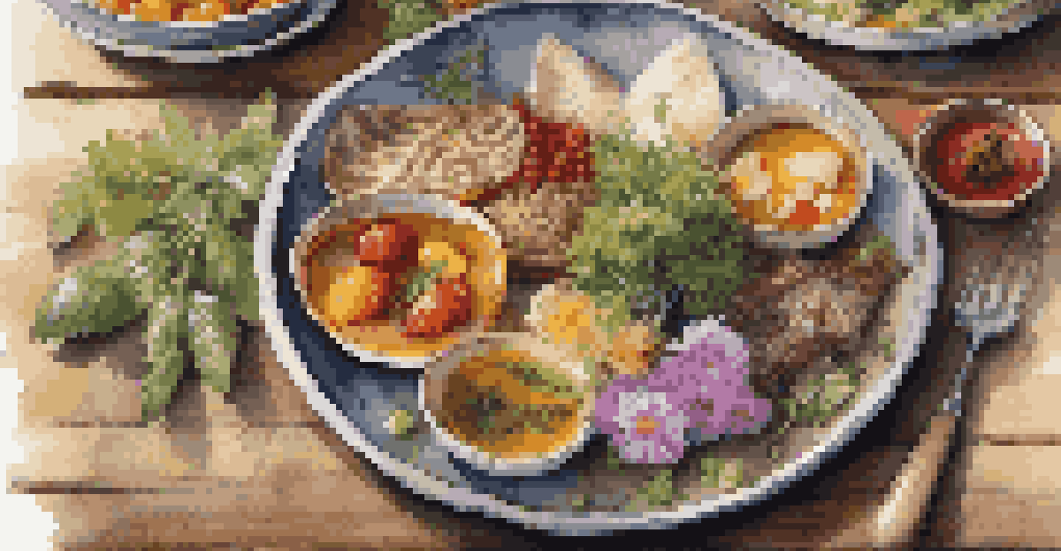 A close-up of a plate of traditional cuisine, artistically arranged with colorful ingredients and garnished with herbs and edible flowers.