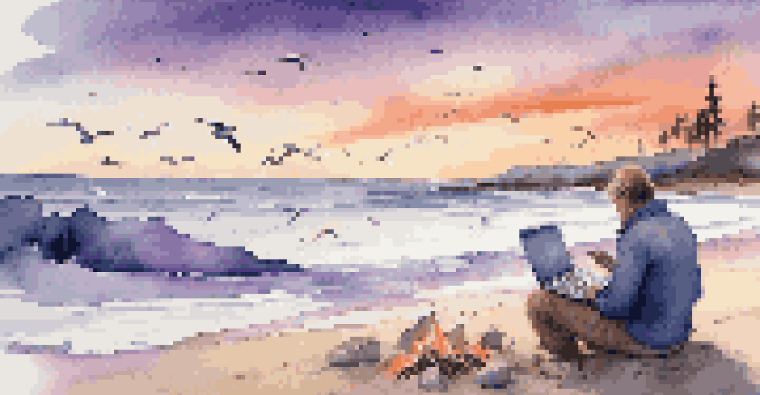 A writer on a beach at sunset, surrounded by waves and seagulls, with a notebook and a campfire.
