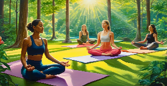 A group of people practicing yoga in a peaceful forest setting, with sunlight filtering through the trees and colorful mats on the ground.