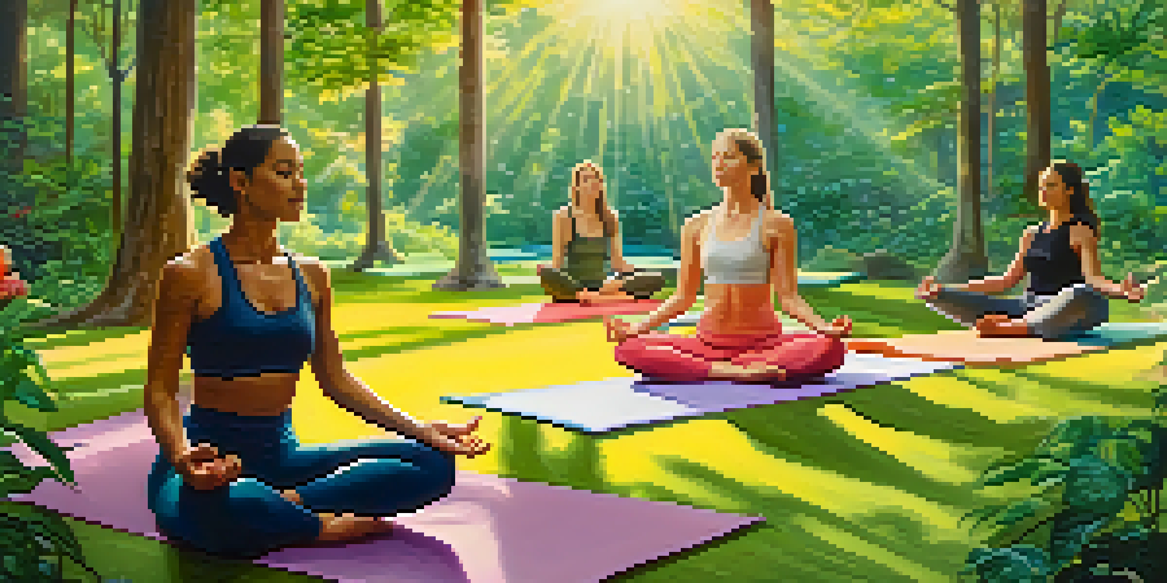 A group of people practicing yoga in a peaceful forest setting, with sunlight filtering through the trees and colorful mats on the ground.
