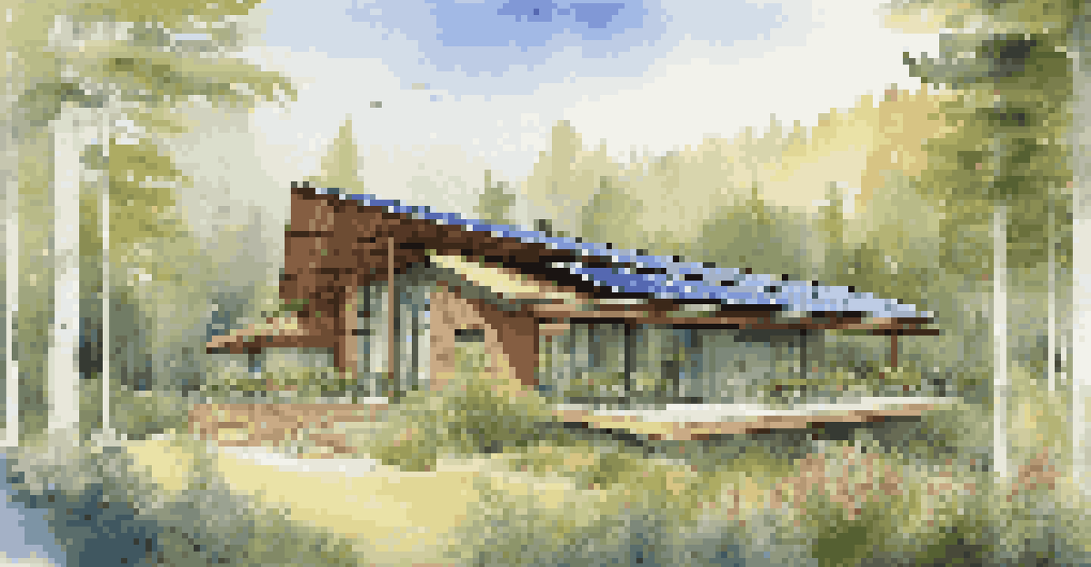 An eco-lodge in a forest with solar panels and a green roof, surrounded by trees and flowers.