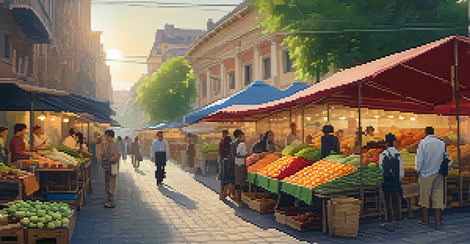 A lively street market at sunset, with travelers admiring colorful stalls of local goods and produce, surrounded by historic buildings.