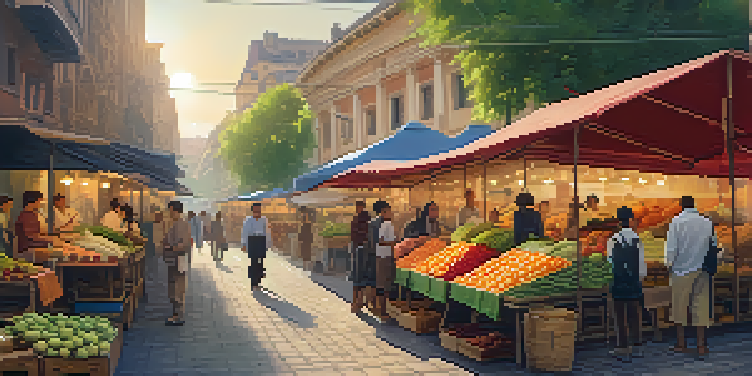 A lively street market at sunset, with travelers admiring colorful stalls of local goods and produce, surrounded by historic buildings.