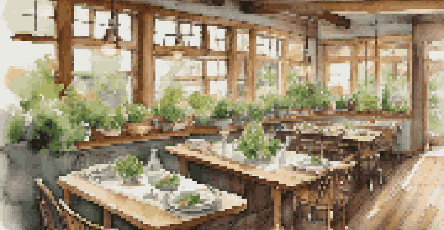 A cozy farm-to-table restaurant interior with a wooden table set for a meal and fresh herbs, illuminated by warm lighting.