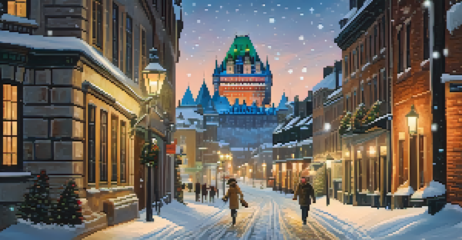 The historic Château Frontenac in Quebec City surrounded by snowflakes and festive lights.