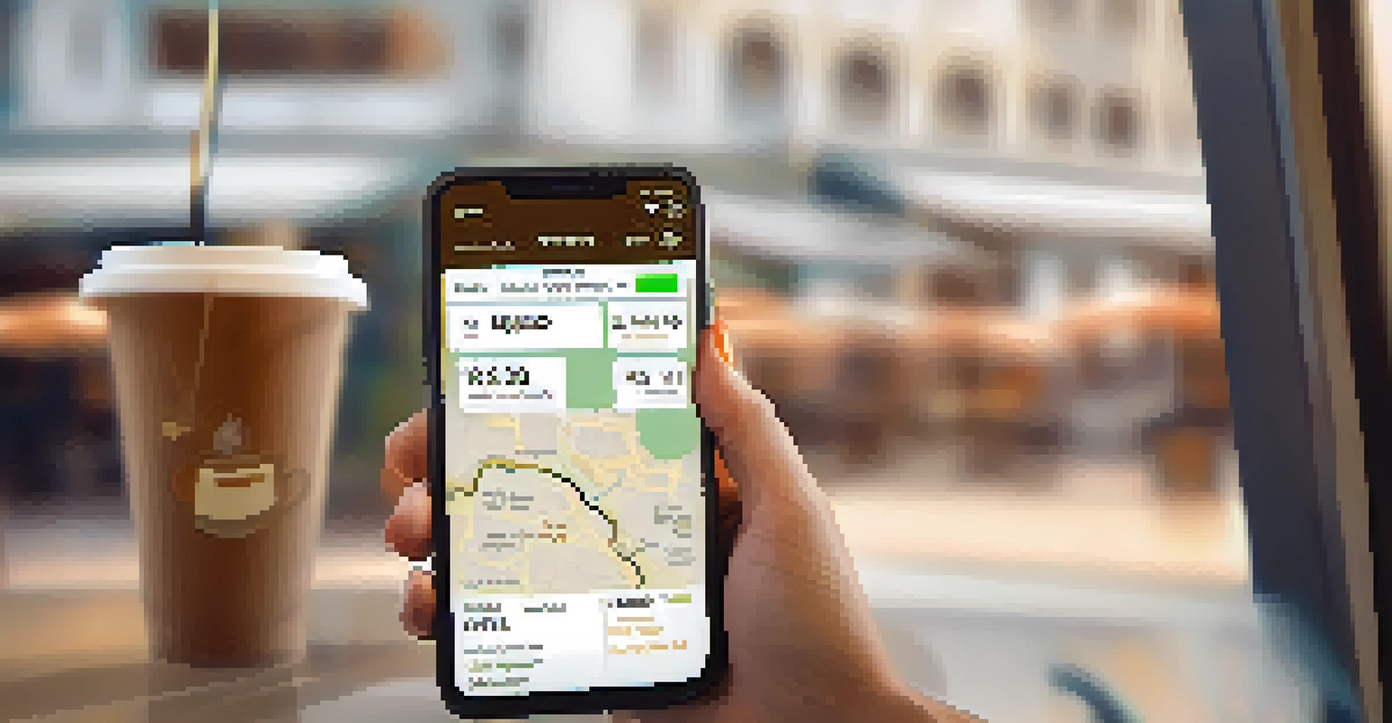A close-up of a smartphone showing a flight comparison app with prices, set against a blurred café background with a cup of coffee.