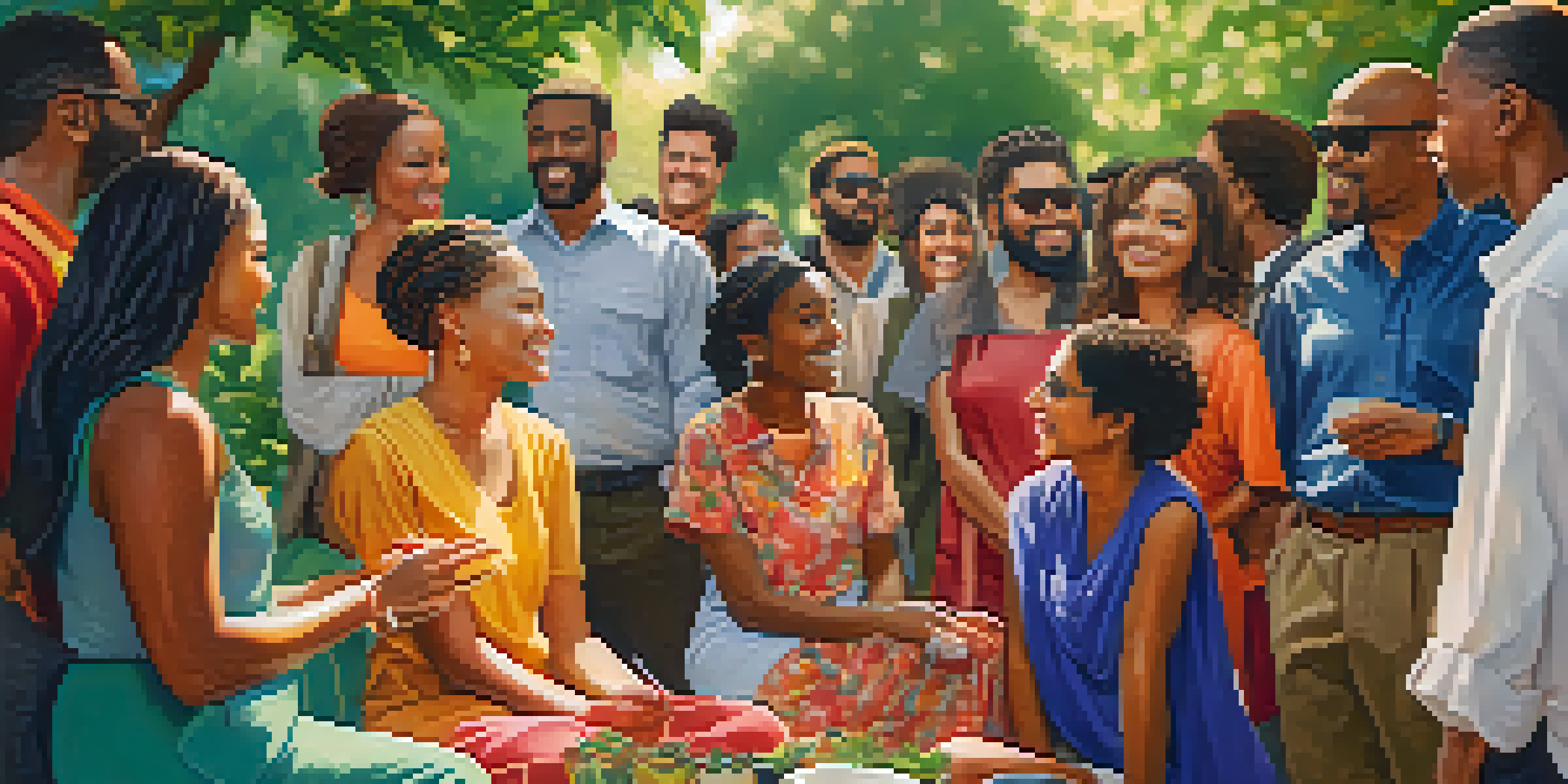 A diverse group of people in a park, conversing and sharing smiles, surrounded by greenery and sunlight.