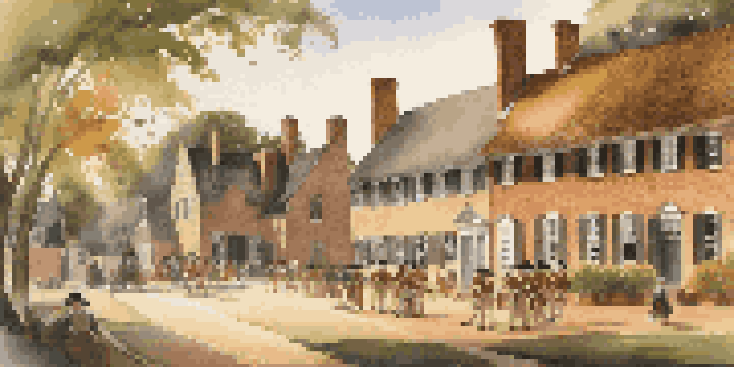 A scenic view of Colonial Williamsburg with restored 18th-century buildings and actors in period costumes in warm sunlight.
