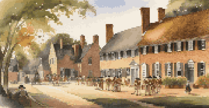 A scenic view of Colonial Williamsburg with restored 18th-century buildings and actors in period costumes in warm sunlight.