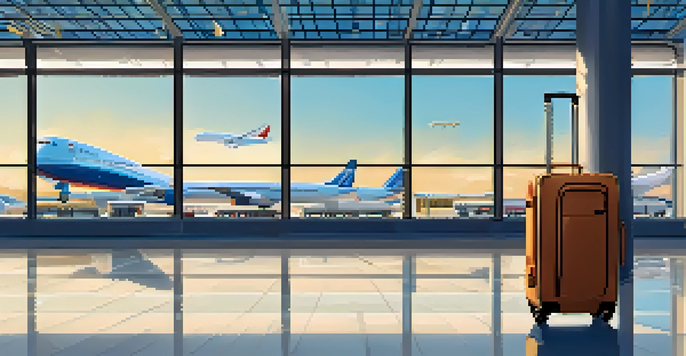 A carry-on backpack and a suitcase in a busy airport terminal, with travelers and bright windows in the background.