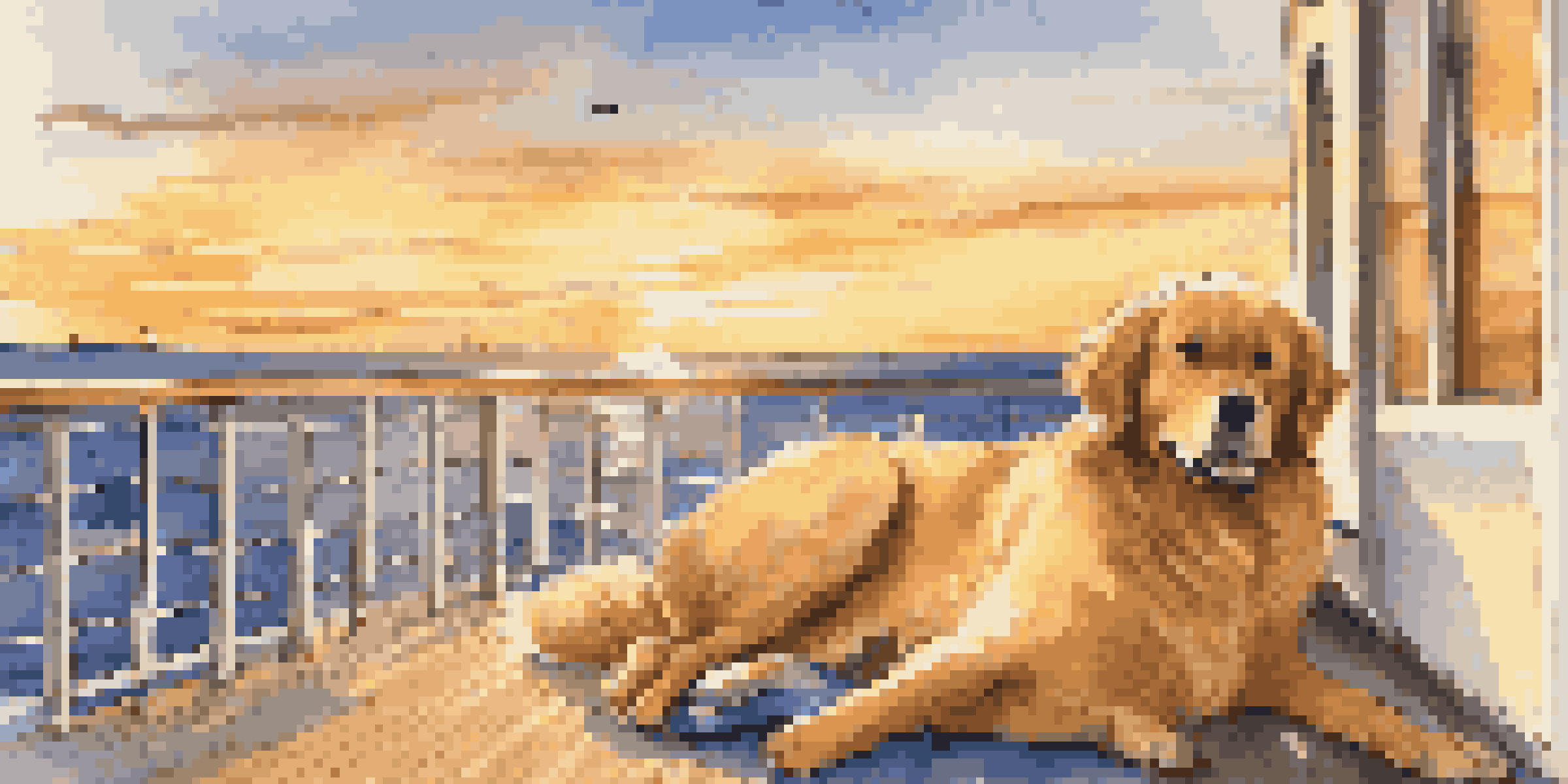 A golden retriever relaxing on a cruise ship deck during sunset, with ocean waves in the background and colorful pet-friendly amenities nearby.