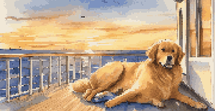 A golden retriever relaxing on a cruise ship deck during sunset, with ocean waves in the background and colorful pet-friendly amenities nearby.