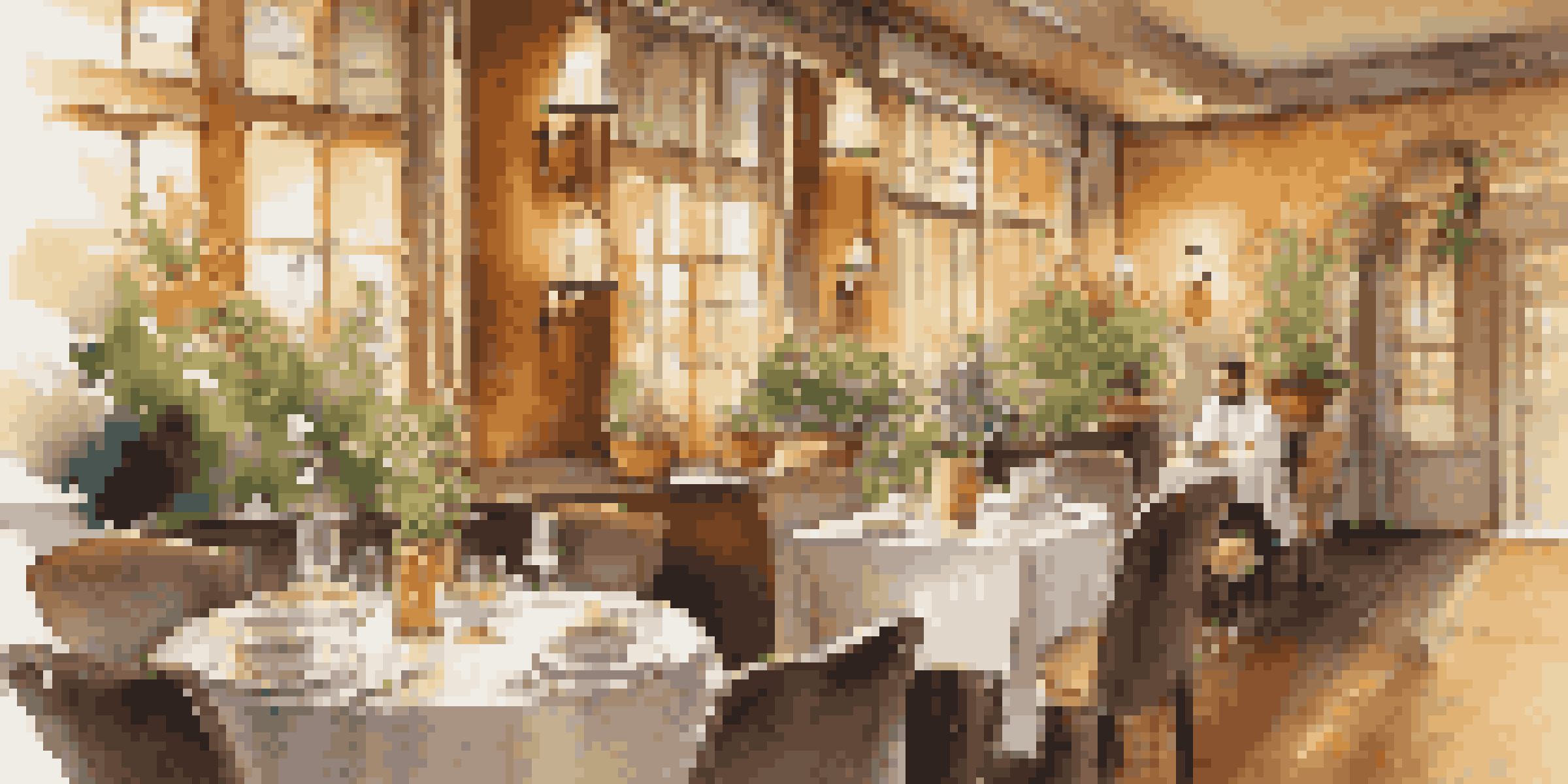 A warm and inviting restaurant setting with a couple dining and a waiter serving their meal under soft golden lighting.