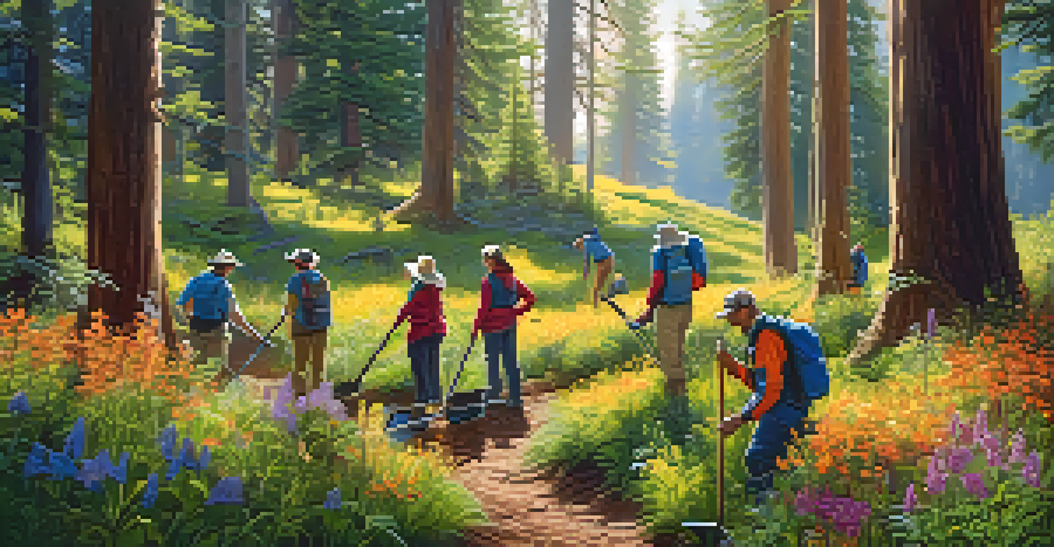 Volunteers working on trail maintenance in a national park, surrounded by flowers and trees, with sunlight shining through the leaves.