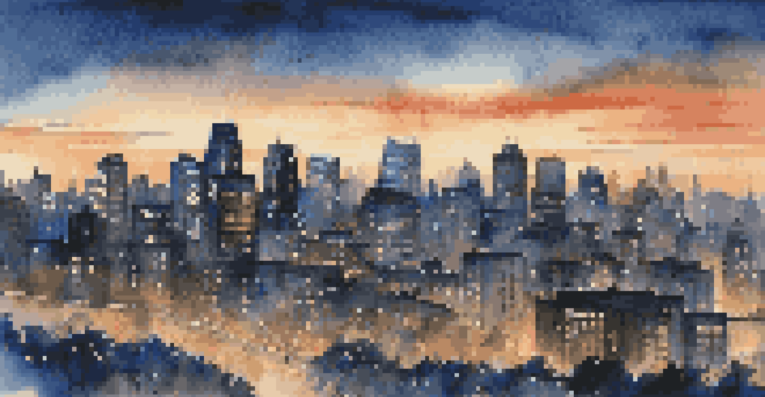 A city skyline at blue hour with deep blue skies and twinkling lights illuminating modern buildings.