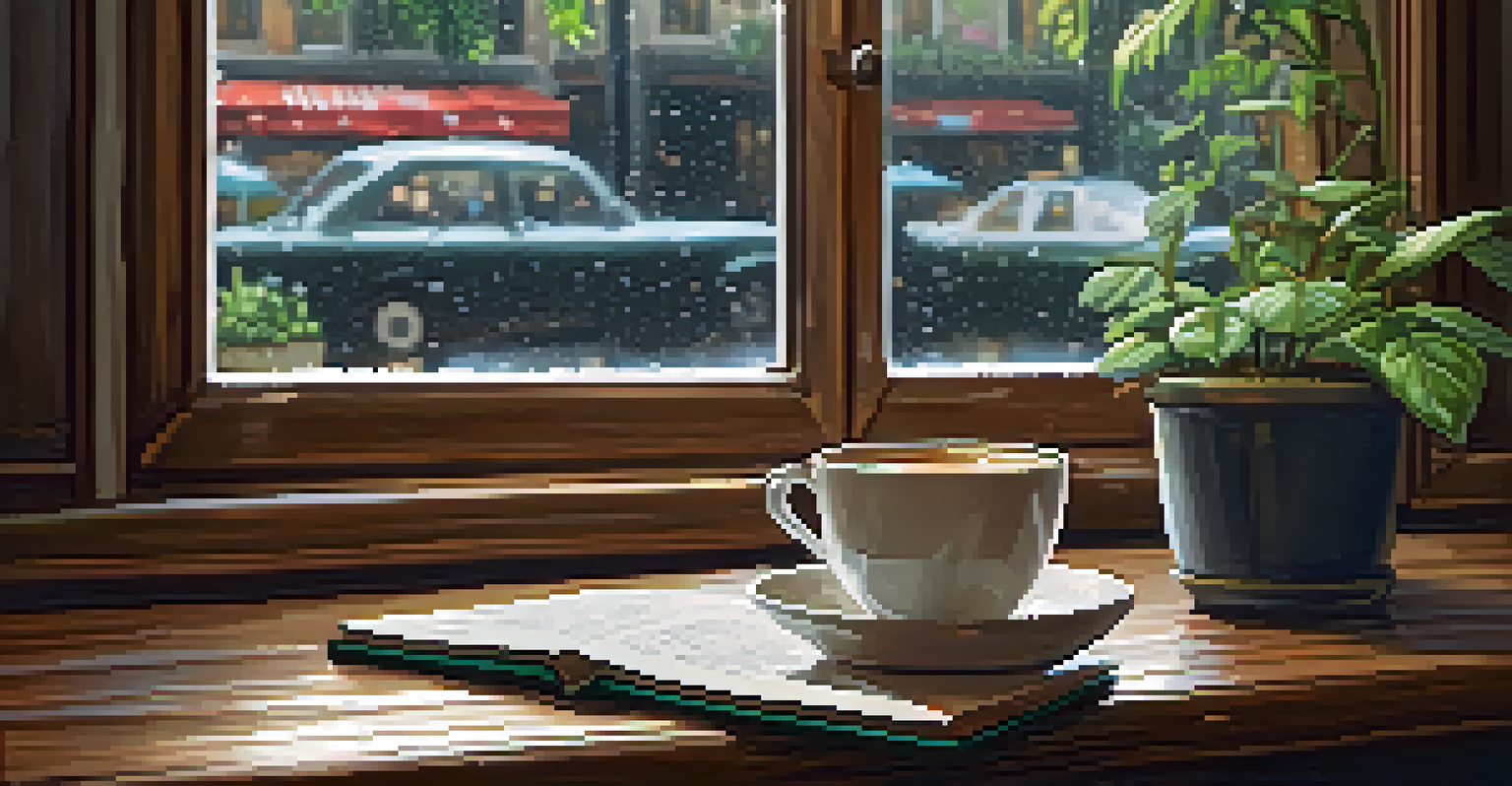 A warm and inviting café interior during rain, featuring a steaming cup of coffee and a book on a rustic table.