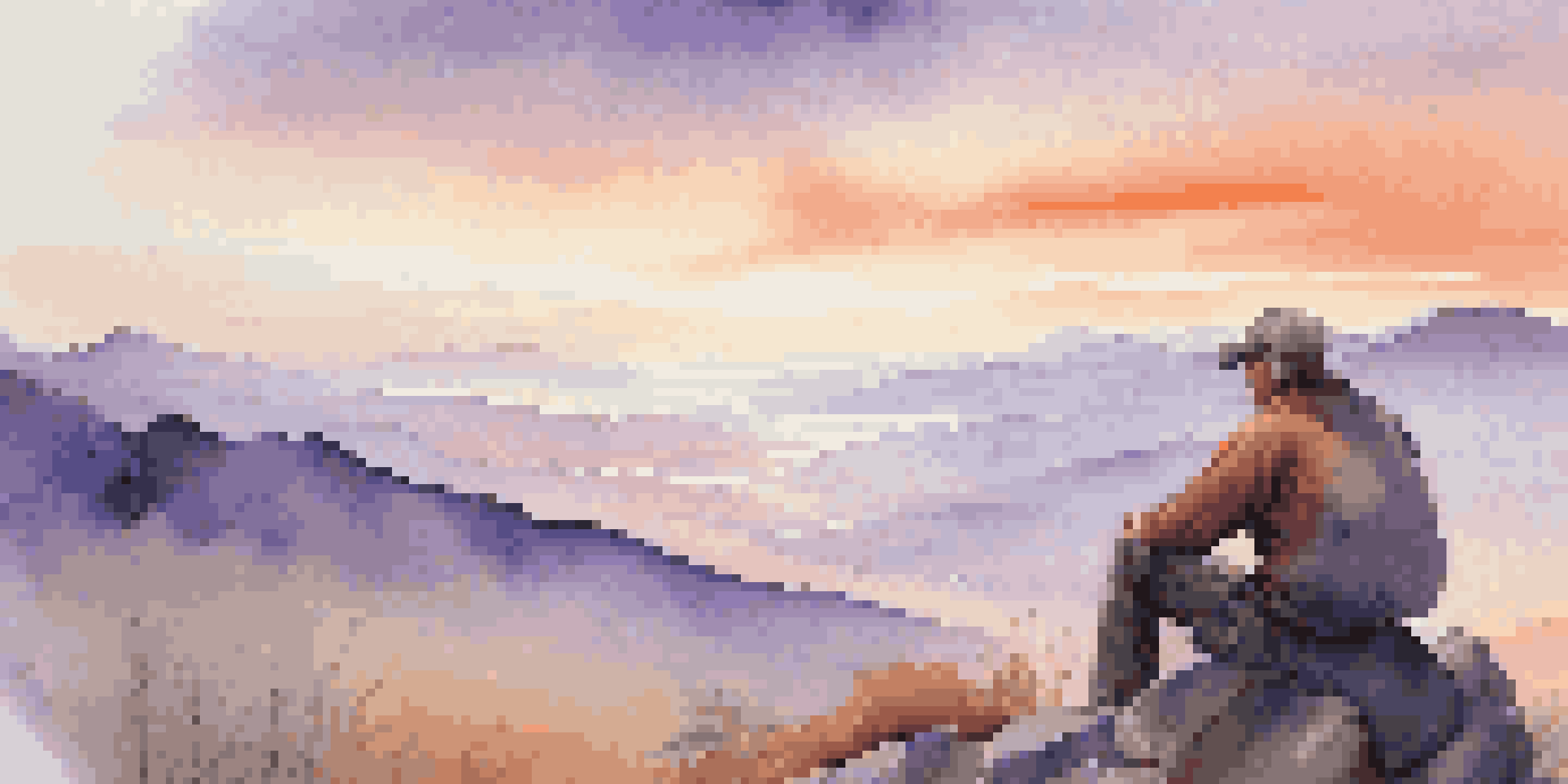 A traveler sitting on a mountain peak at sunrise, looking over a valley with colorful skies.