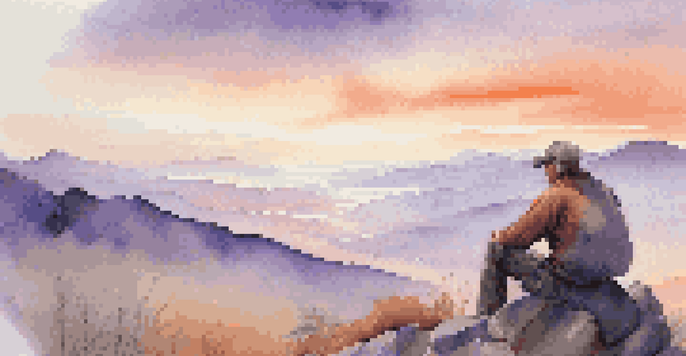 A traveler sitting on a mountain peak at sunrise, looking over a valley with colorful skies.