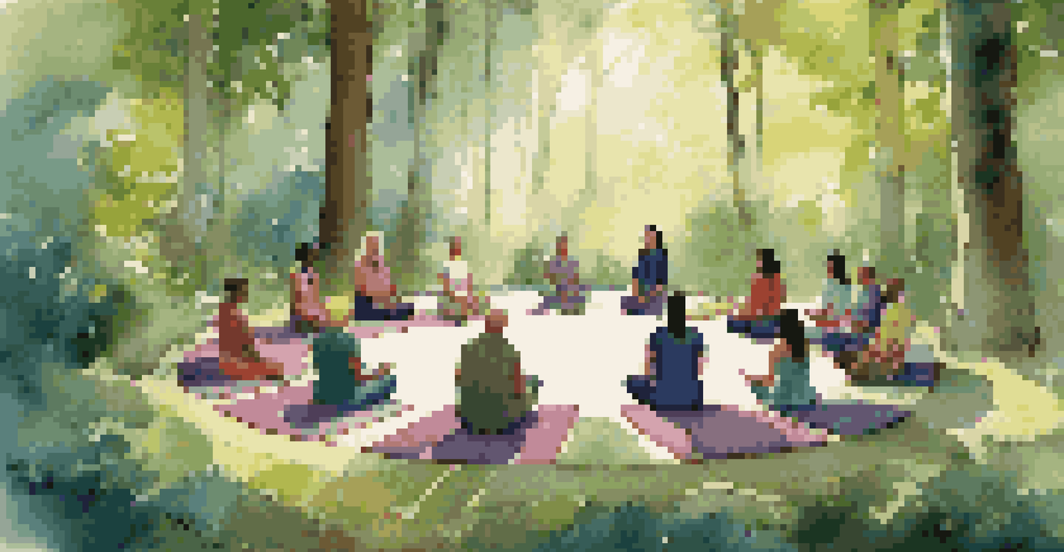 Participants meditating in a circle on colorful mats in a lush forest, with sunlight filtering through the trees.