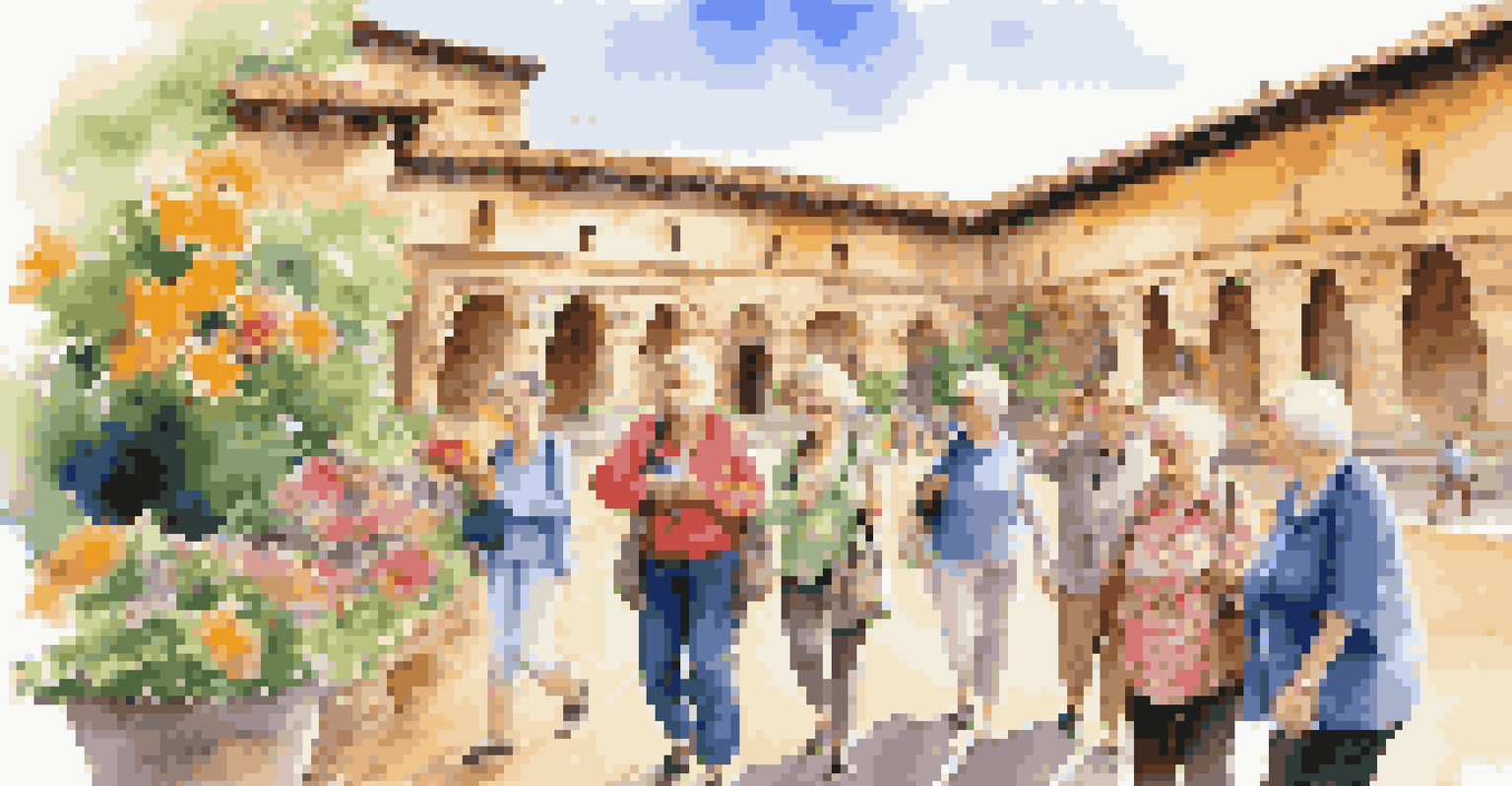 A group of seniors on a cultural tour, engaging with a tour guide at a historical site, surrounded by architecture and flowers.