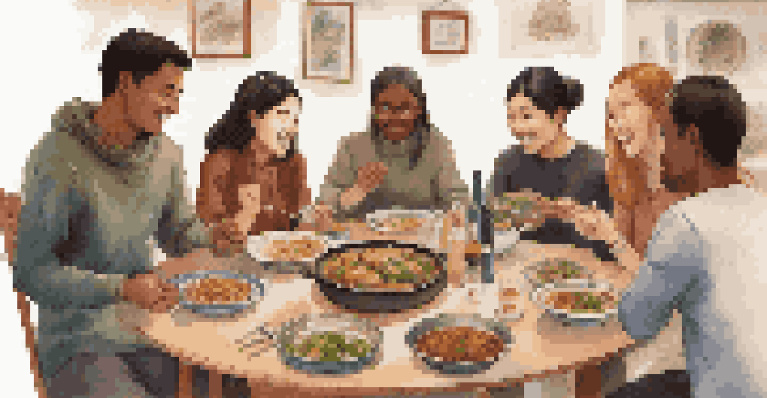 A diverse group of international students sharing and enjoying traditional dishes at a table, with smiles and conversation.
