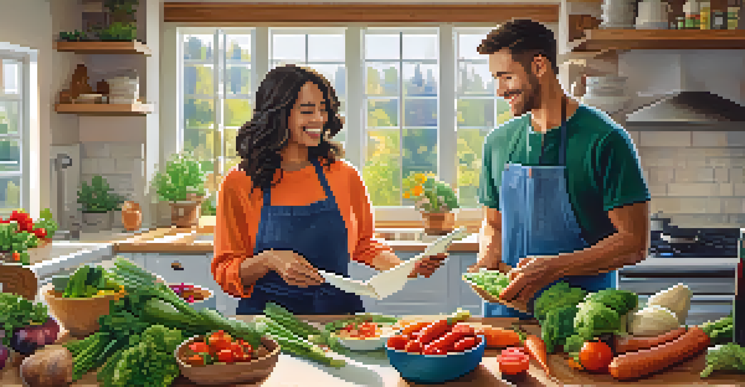 A happy couple cooking together in a bright kitchen filled with fresh ingredients and a recipe book.