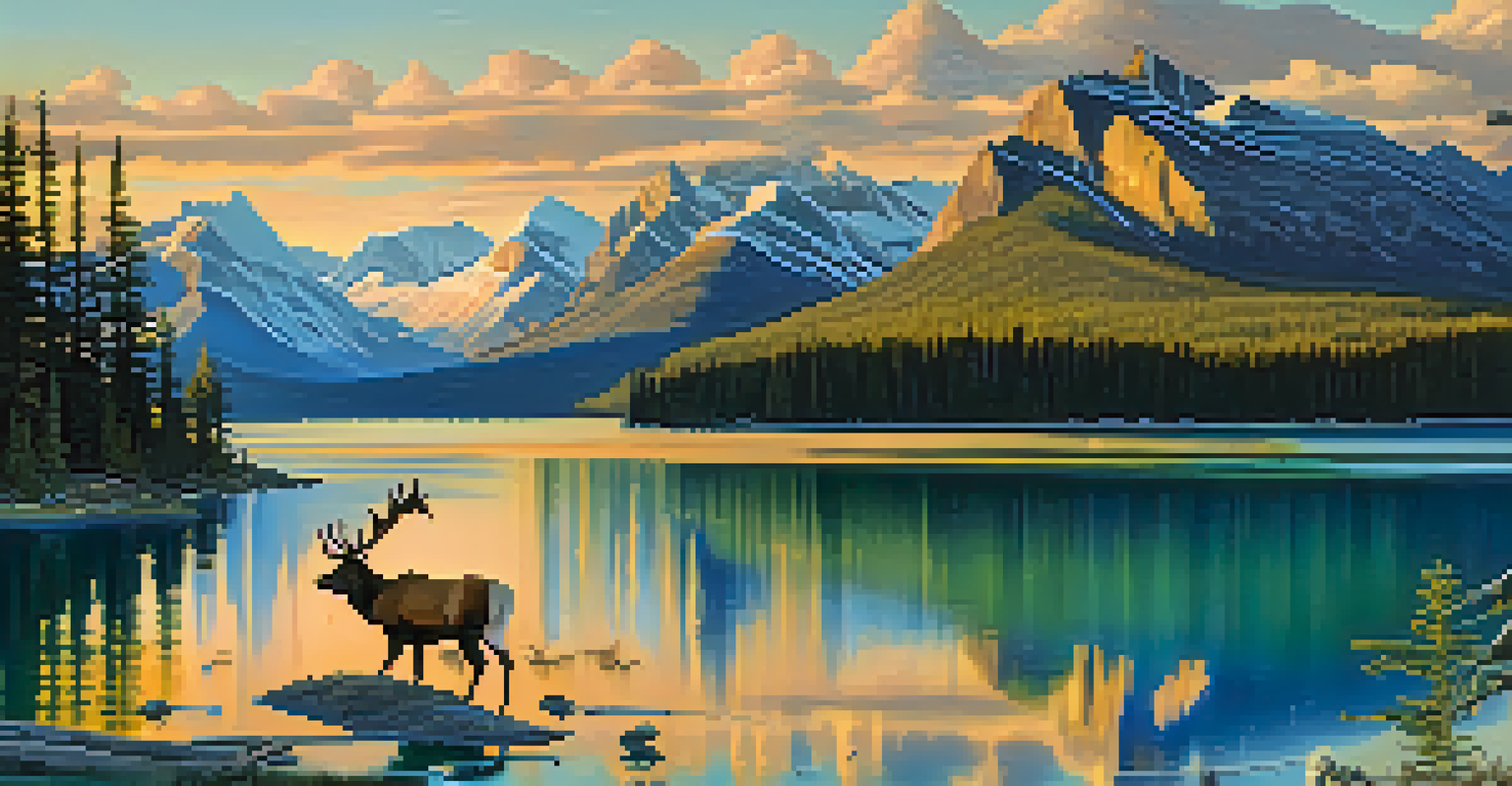 A panoramic view of Maligne Lake in Jasper National Park at sunset, featuring Spirit Island and grazing elk in a serene landscape.