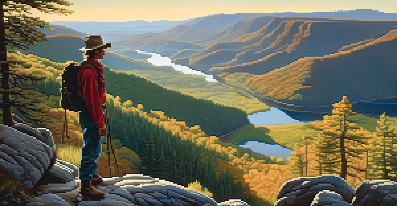 A hiker in a wide-brimmed hat standing on a rocky outcrop, overlooking a valley at sunset.