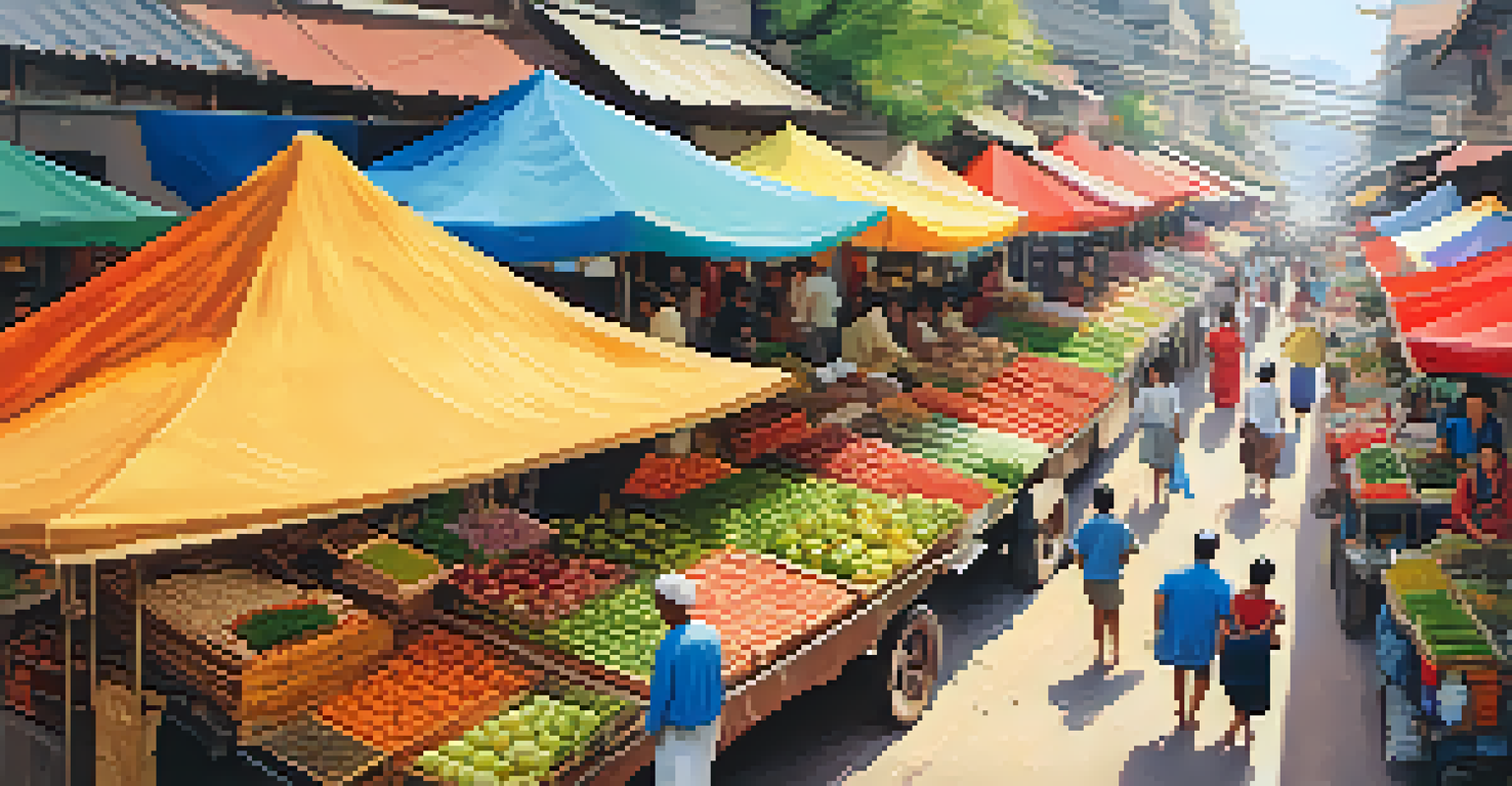 A colorful aerial view of a busy local market filled with fruits, vegetables, and people.