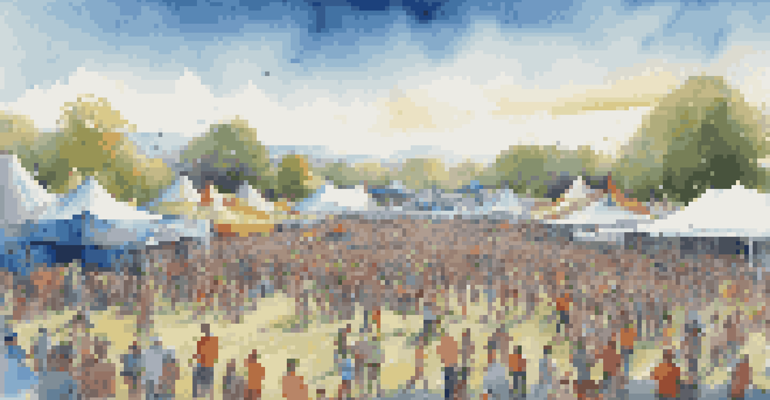 A panoramic view of a bustling music festival with tents, stages, and vibrant activities under a clear blue sky.