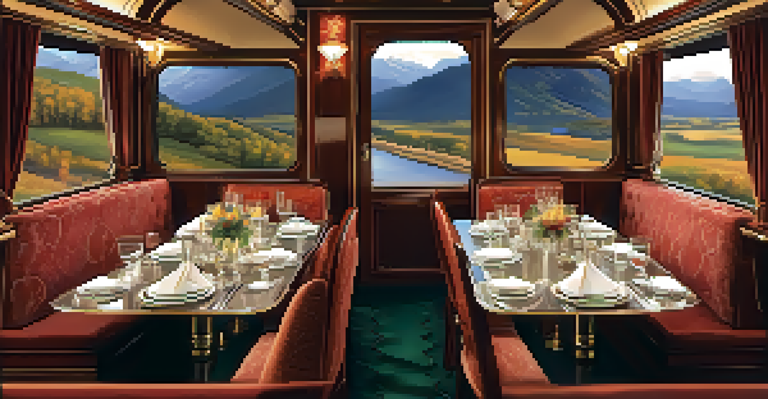 An elegant dining car inside a luxurious train with plush seating and a beautifully set dining table, showcasing scenic views through large windows.