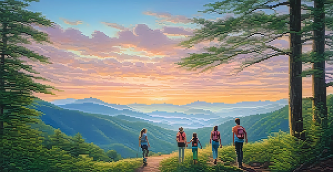 A family hiking in the Great Smoky Mountains at sunrise, with misty hills in the background and a colorful sky.
