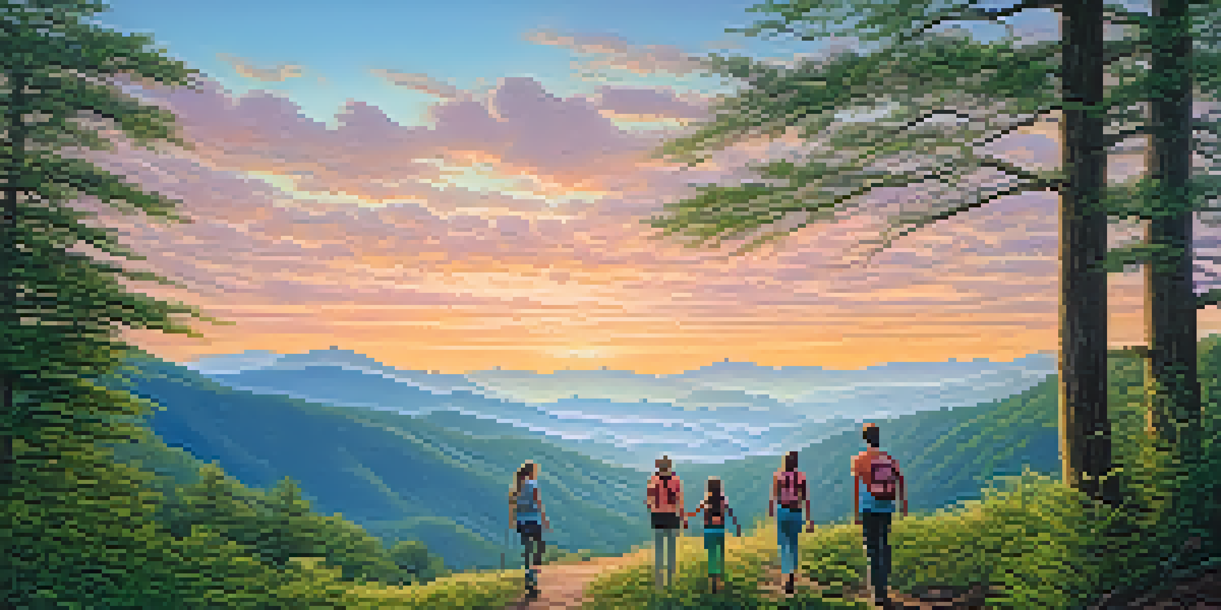 A family hiking in the Great Smoky Mountains at sunrise, with misty hills in the background and a colorful sky.