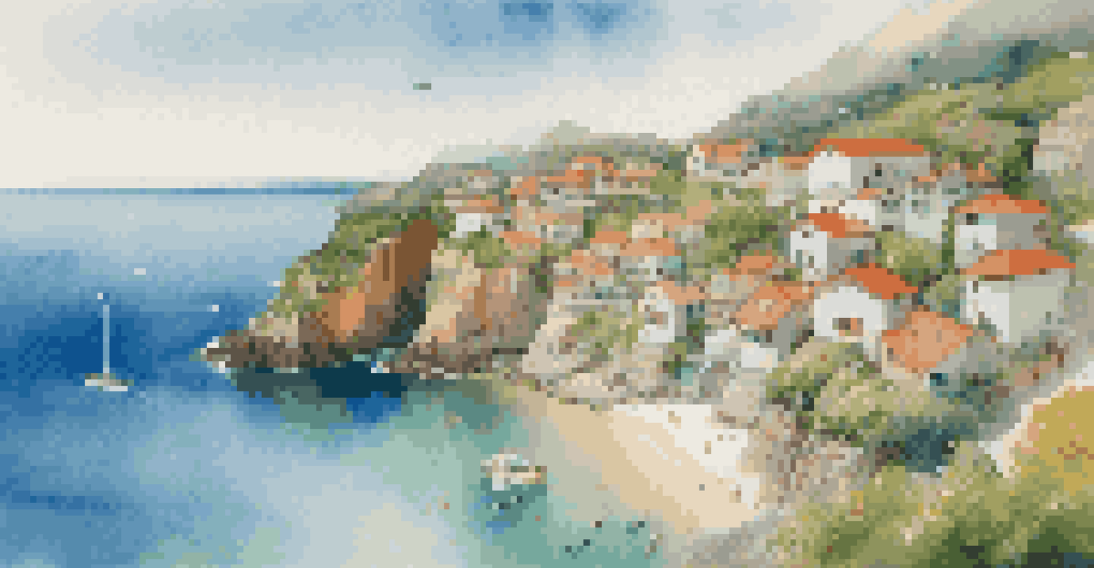 Aerial view of a coastal village with colorful houses by the ocean and cliffs.