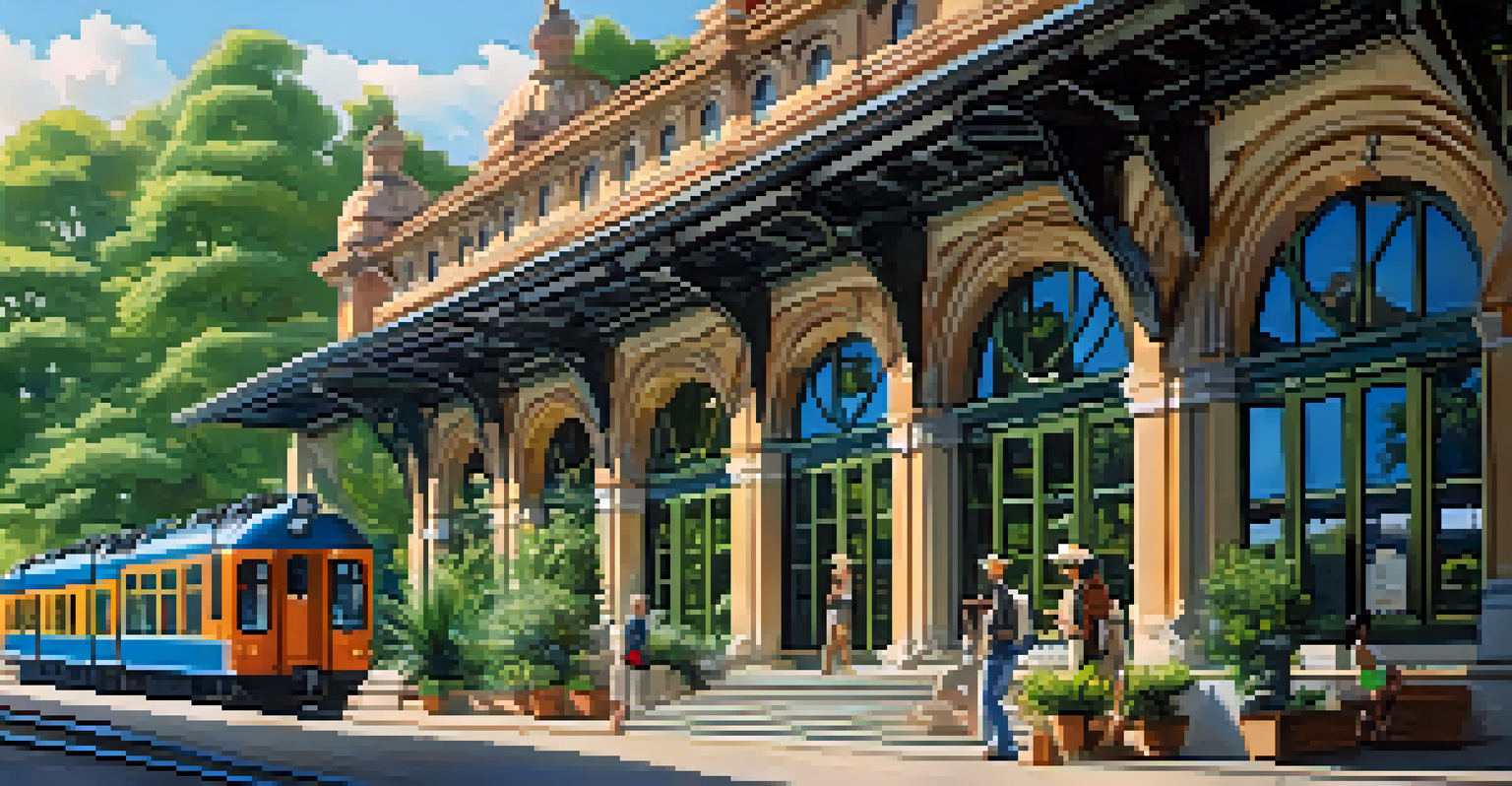 Two travelers chatting at an outdoor train station, surrounded by greenery and under a bright blue sky.
