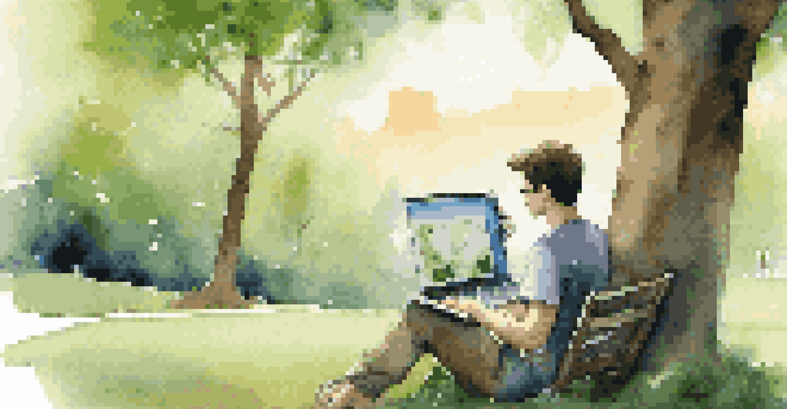 A traveler in a park using a laptop with a world clock application, surrounded by greenery and sipping coffee.
