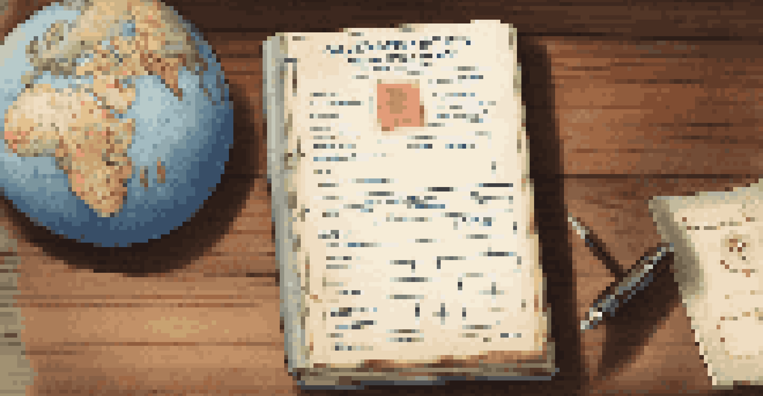 An open travel vaccination record book next to a passport and a globe, displaying neatly written vaccination details under warm lighting.